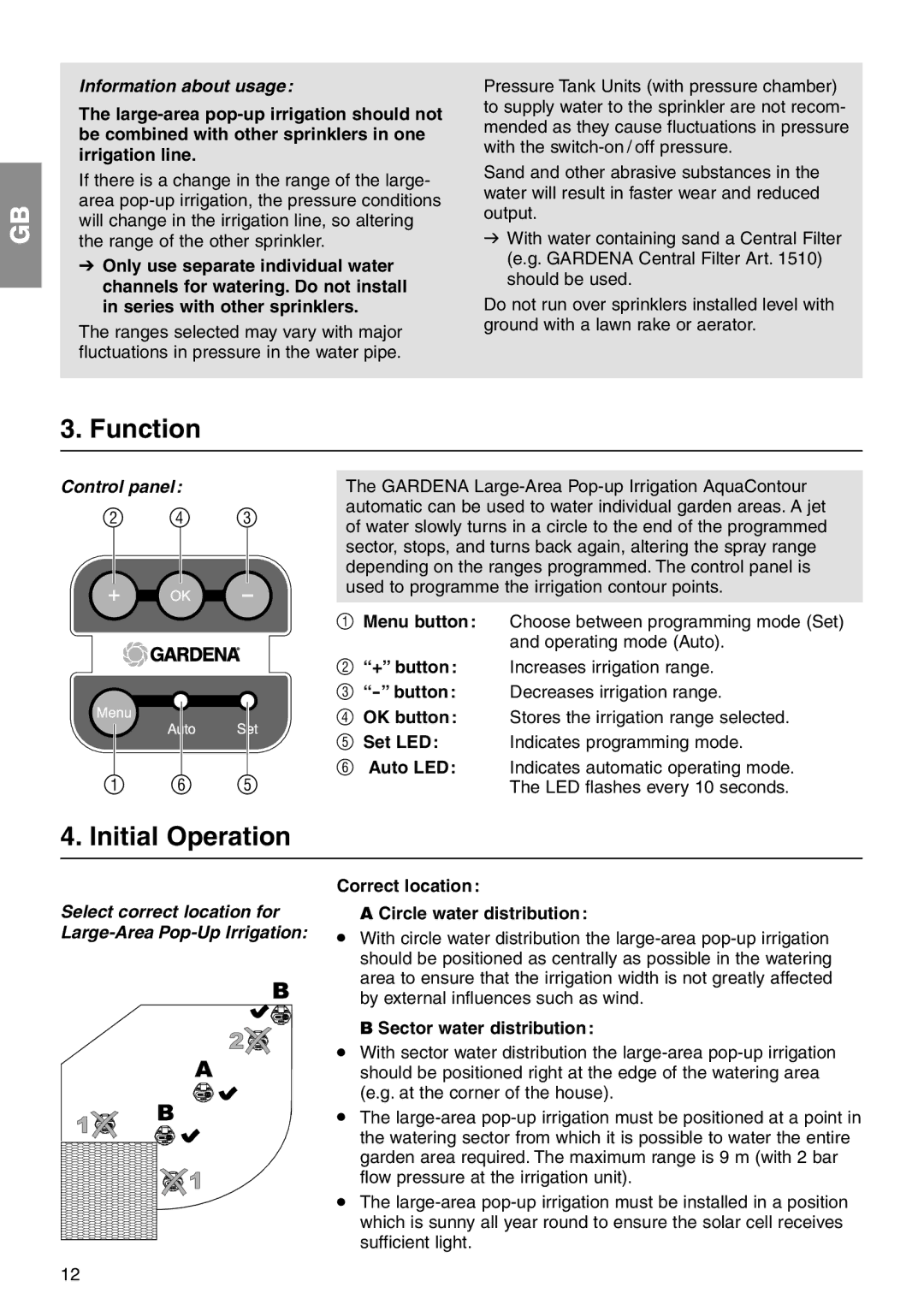 Gardena 1559 manual Function, Initial Operation, Information about usage, Control panel 