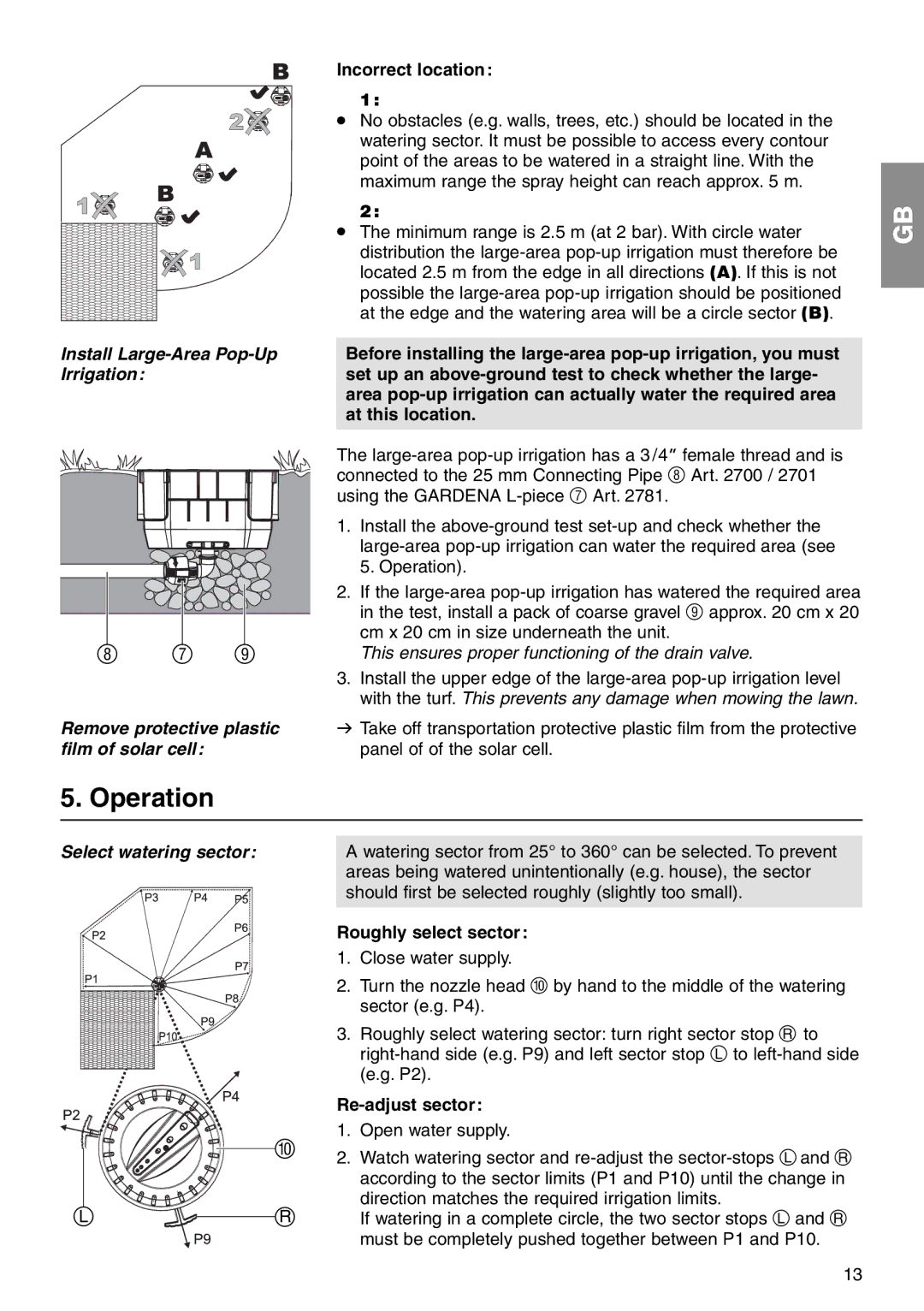 Gardena 1559 manual Operation, Incorrect location, Select watering sector, Roughly select sector, Re-adjust sector 