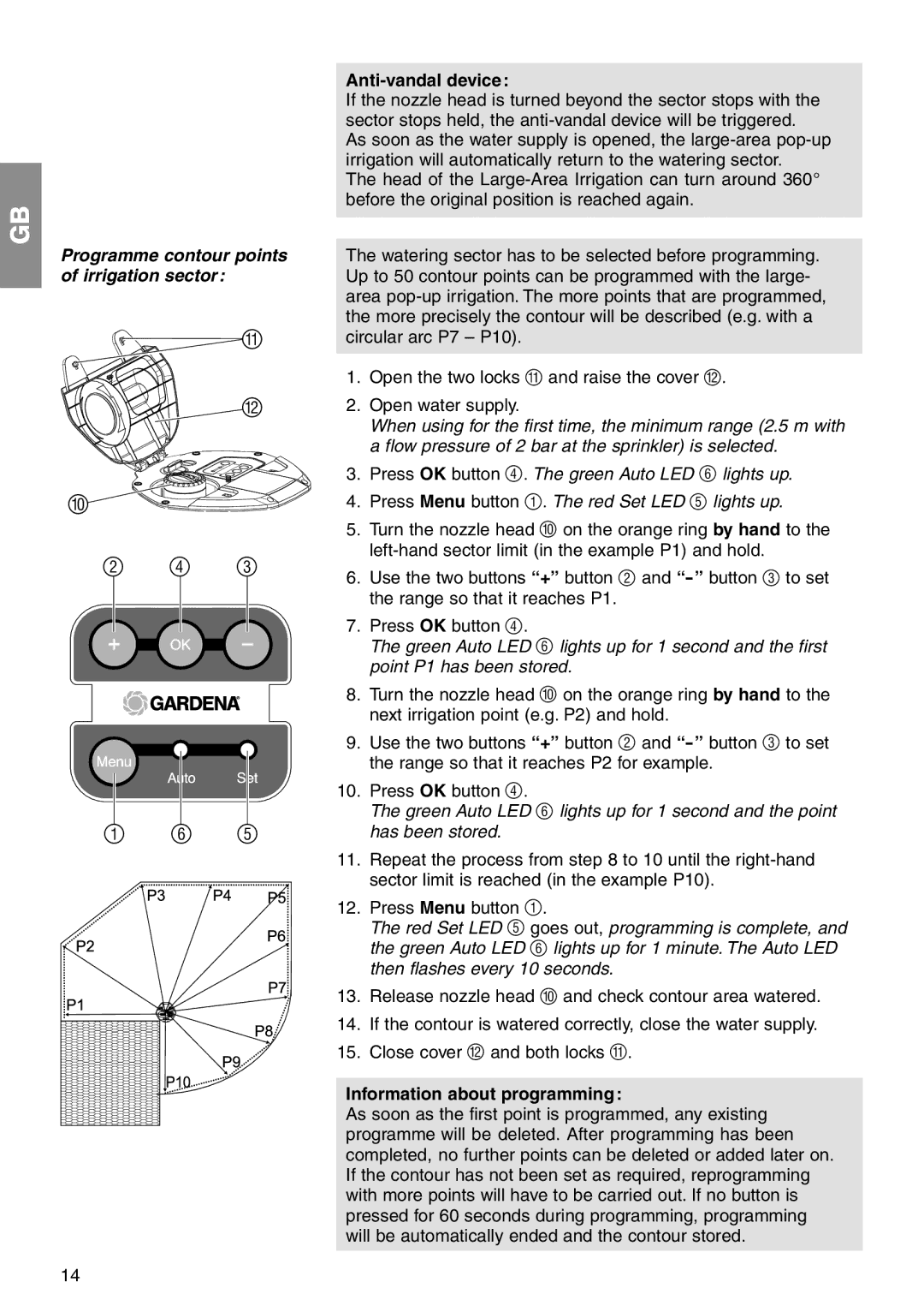 Gardena 1559 manual Anti-vandal device, Information about programming 