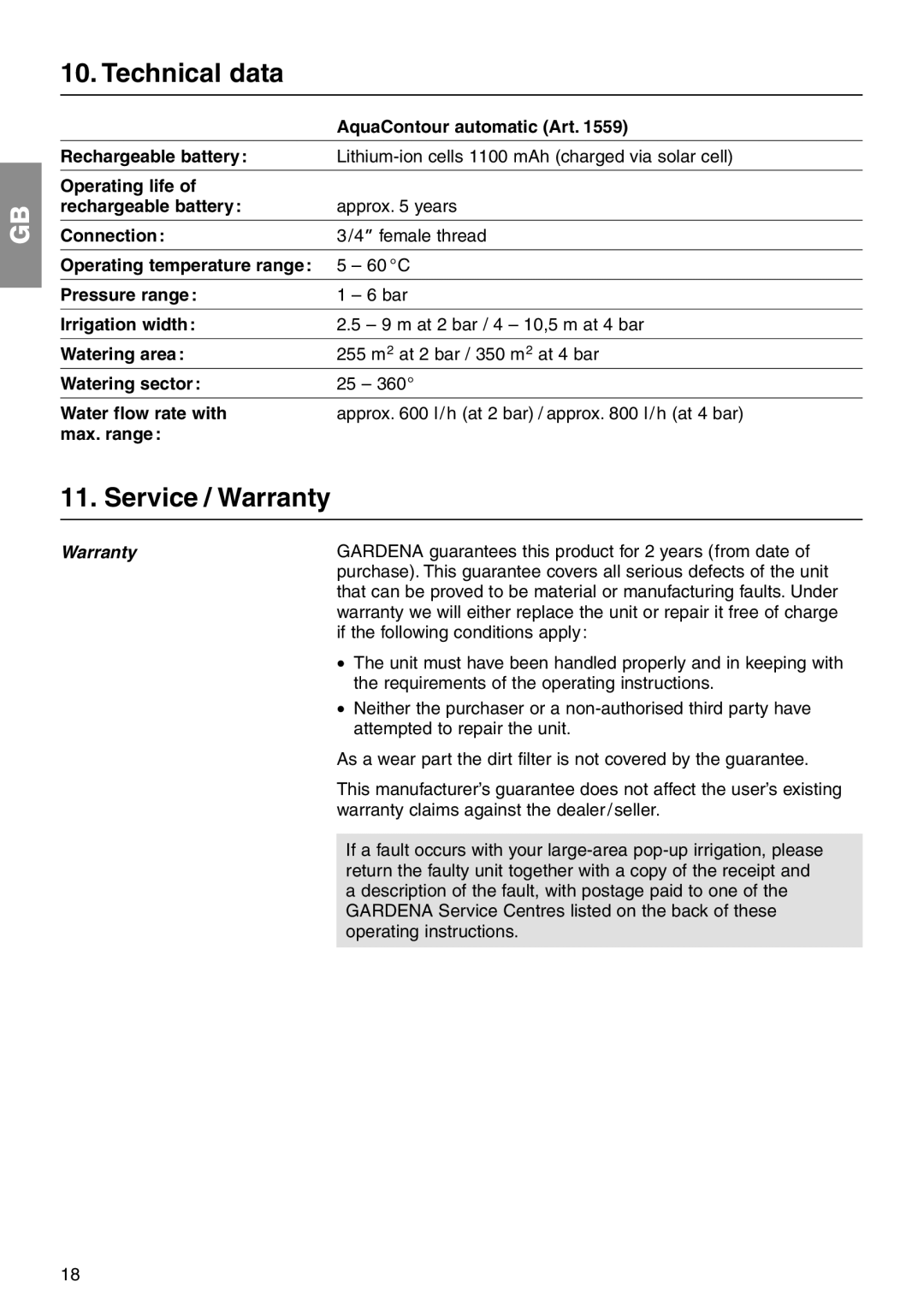 Gardena 1559 manual Technical data, Service / Warranty 