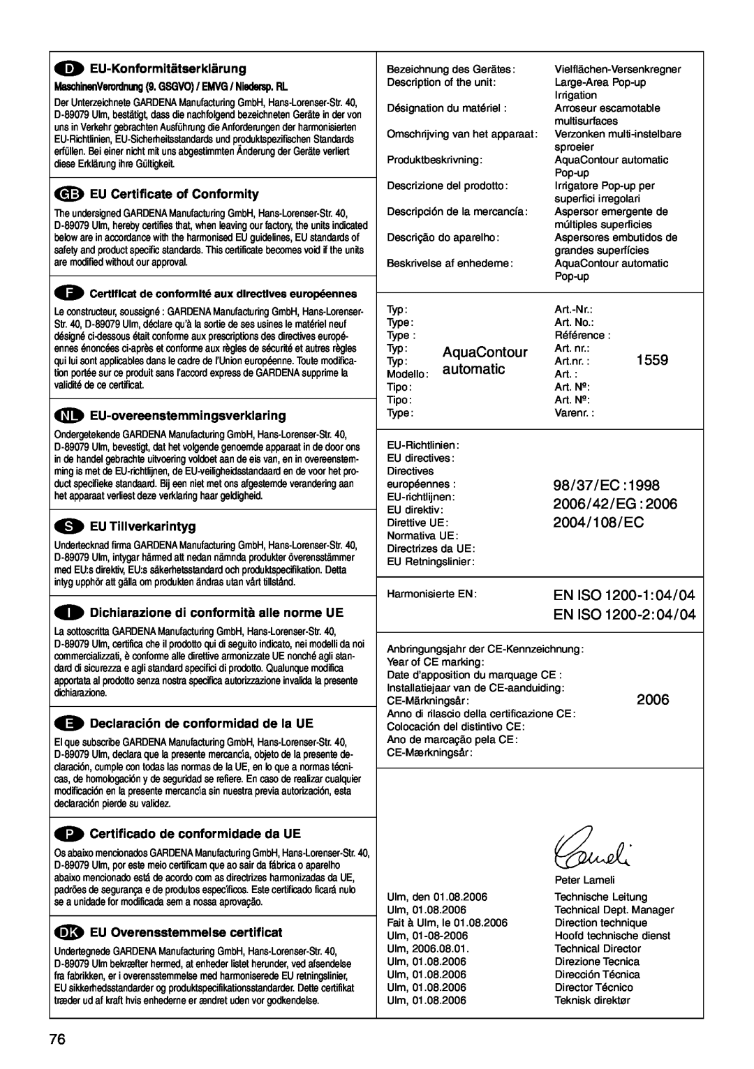 Gardena 1559 manual EU-Konformitätserklärung, G EU Certificate of Conformity, N EU-overeenstemmingsverklaring 