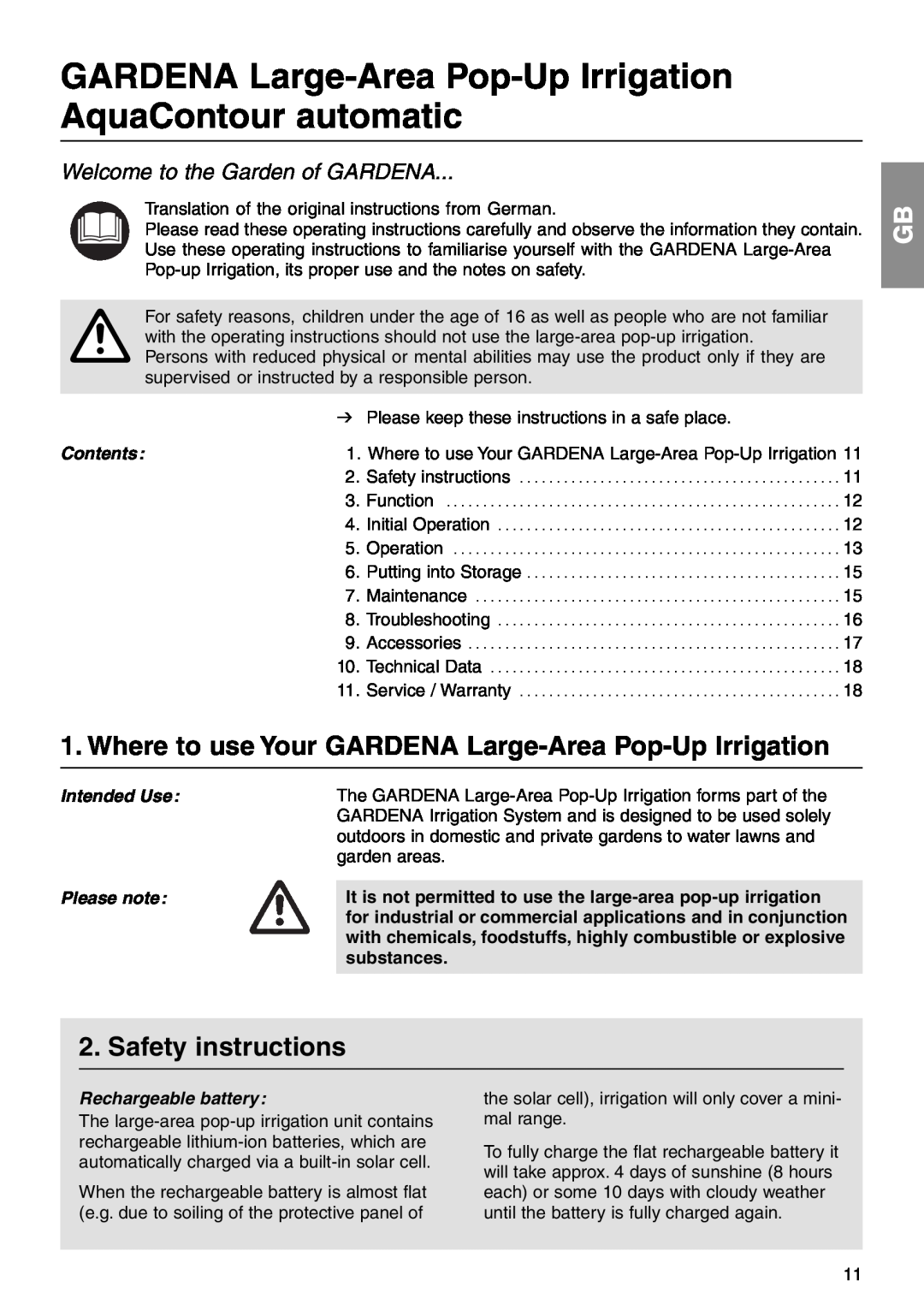 Gardena 1559 Where to use Your GARDENA Large-Area Pop-Up Irrigation, Safety instructions, Welcome to the Garden of GARDENA 