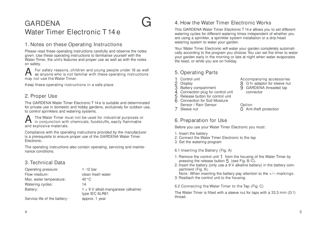 Gardena 1820 Proper Use, How the Water Timer Electronic Works, Operating Parts, Preparation for Use, Technical Data 