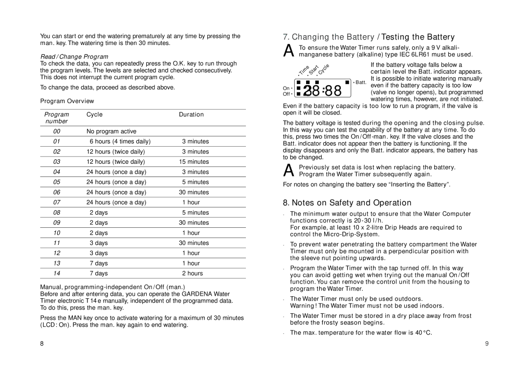 Gardena 1820 operating instructions Changing the Battery / Testing the Battery, Read / Change Program 