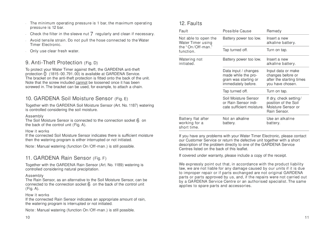 Gardena 1820 Anti-Theft Protection Fig. D, Gardena Soil Moisture Sensor Fig. E, Gardena Rain Sensor Fig. F, Faults 
