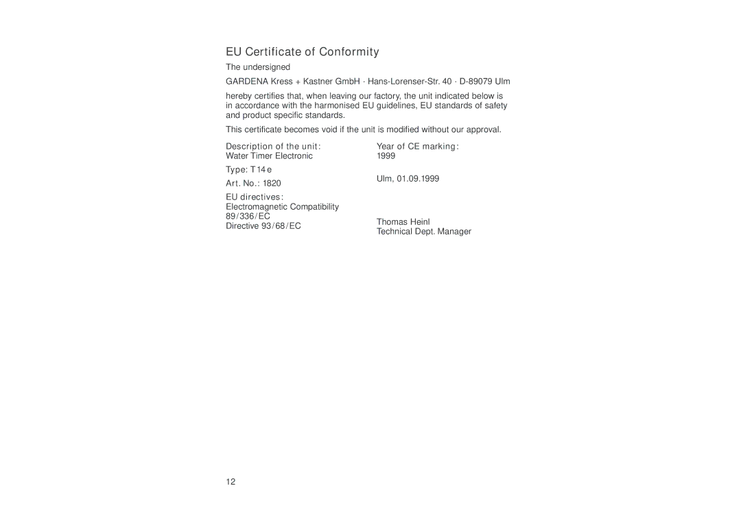 Gardena 1820 EU Certificate of Conformity, Description of the unit Year of CE marking, Type T14 e, Art. No, EU directives 