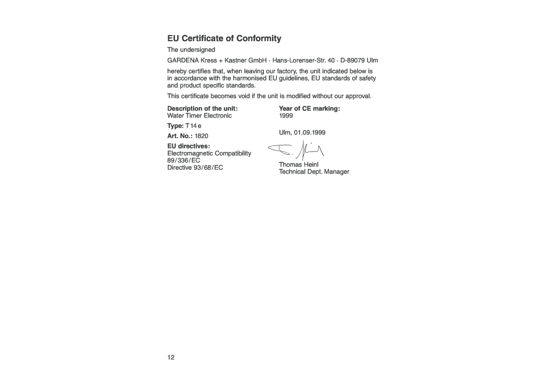 Gardena 1820 EU Certificate of Conformity, Description of the unit, Year of CE marking, Type T14 e, Art. No, EU directives 
