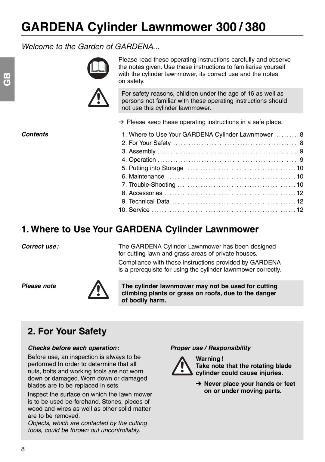 Gardena 300, 380 Where to Use Your Gardena Cylinder Lawnmower, For Your Safety, Contents, Checks before each operation 