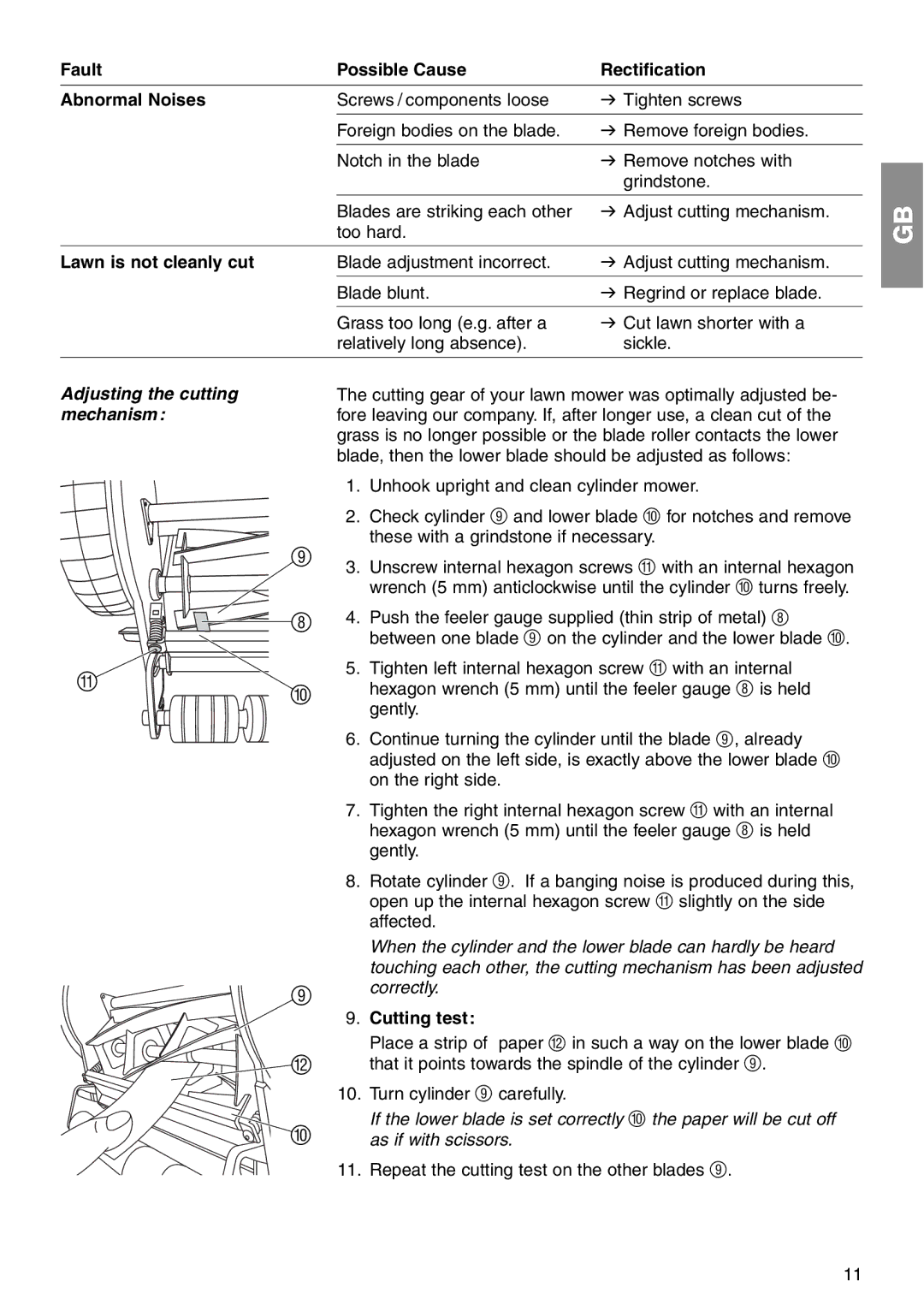 Gardena 380 Fault Possible Cause Rectification Abnormal Noises, Lawn is not cleanly cut, Adjusting the cutting mechanism 