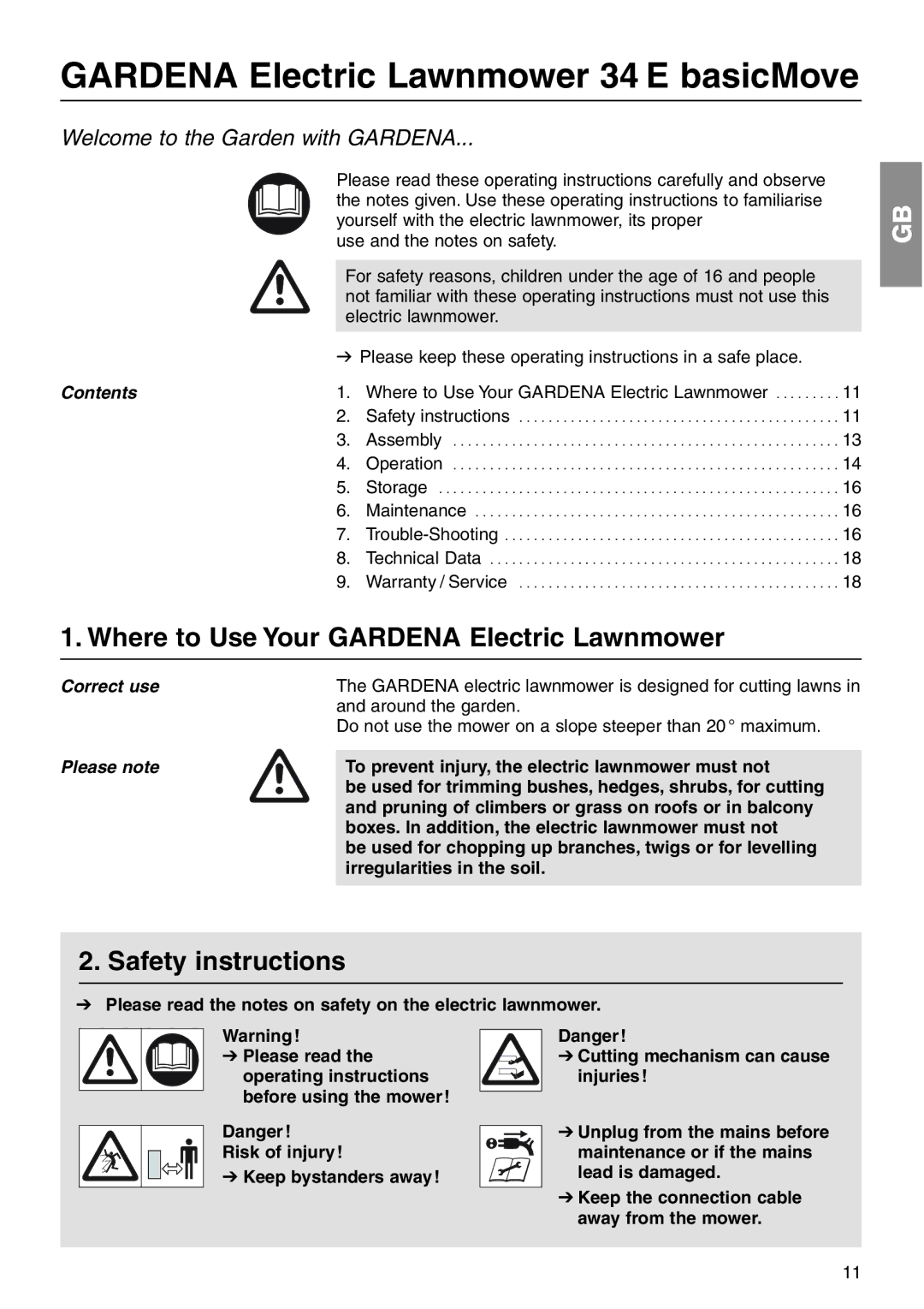 Gardena 34 E operating instructions Where to Use Your Gardena Electric Lawnmower, Safety instructions 