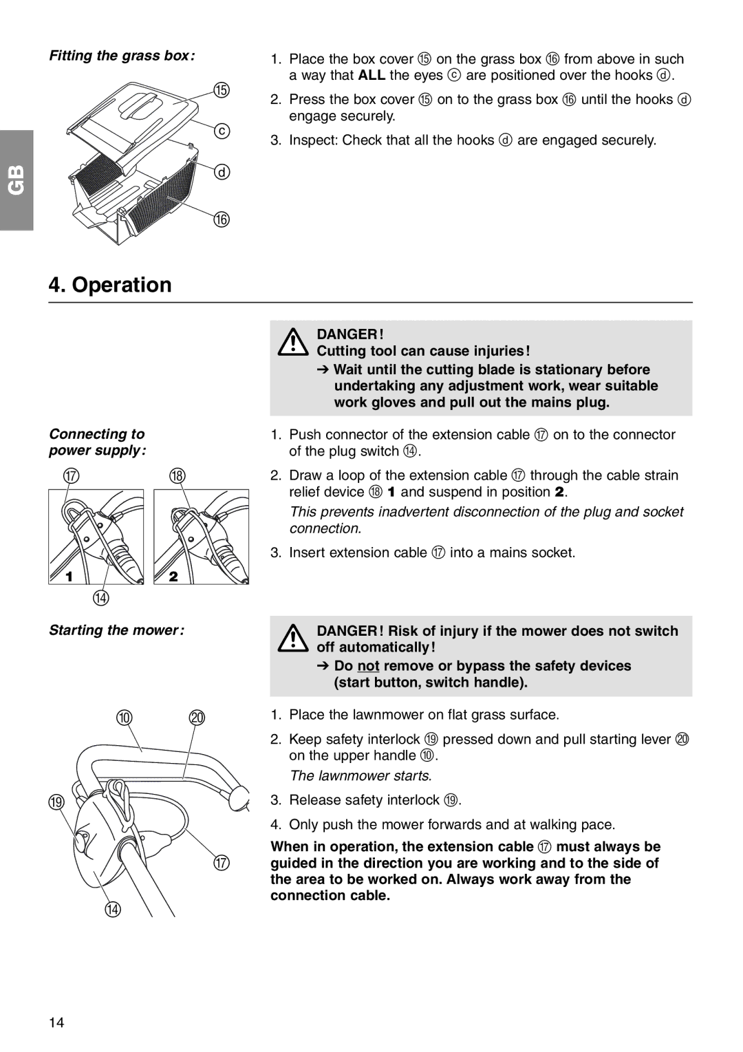 Gardena 34 E Operation, Fitting the grass box, Connecting to power supply, Cutting tool can cause injuries 