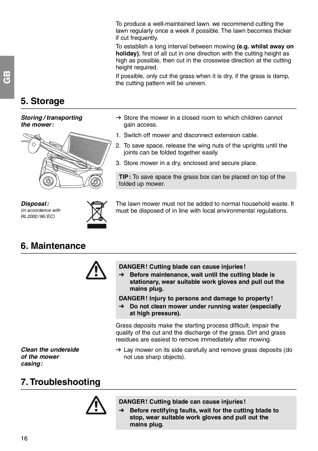 Gardena 34 E Storage, Maintenance, Troubleshooting, Disposal, Clean the underside of the mower casing 