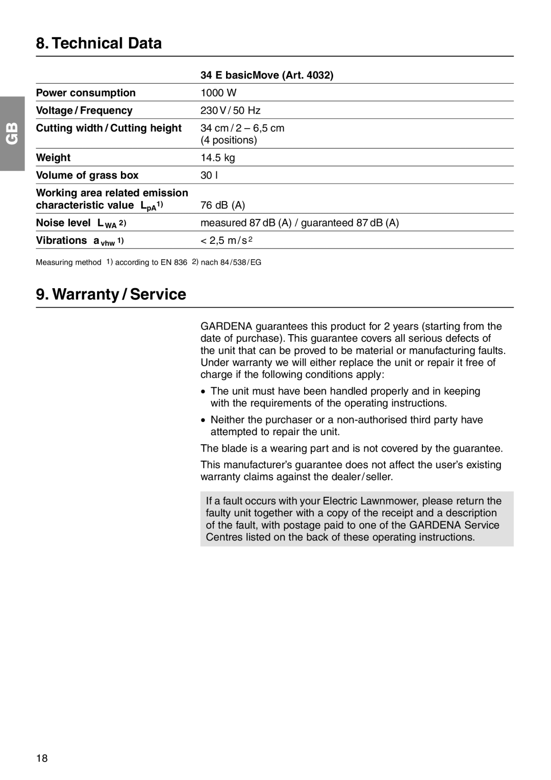 Gardena 34 E operating instructions Technical Data, Warranty / Service 