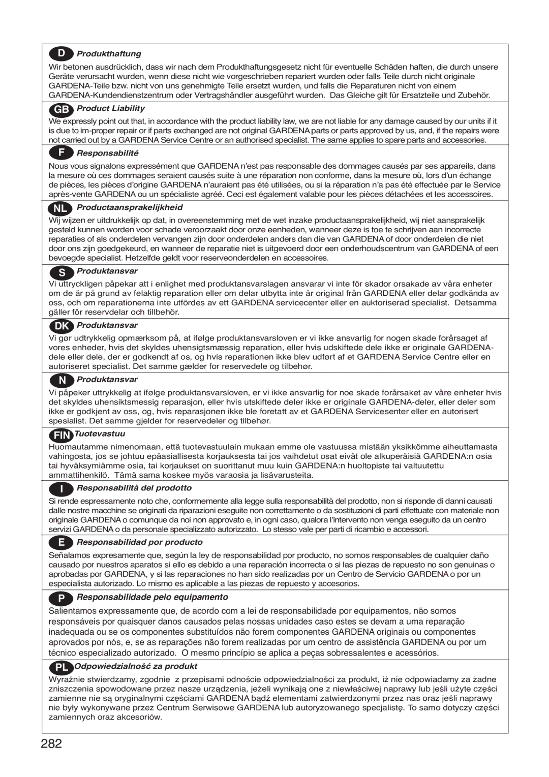 Gardena 36 A Li, Art. 4041, 42 A Li, Art. 4035 manual 282, Produkthaftung 