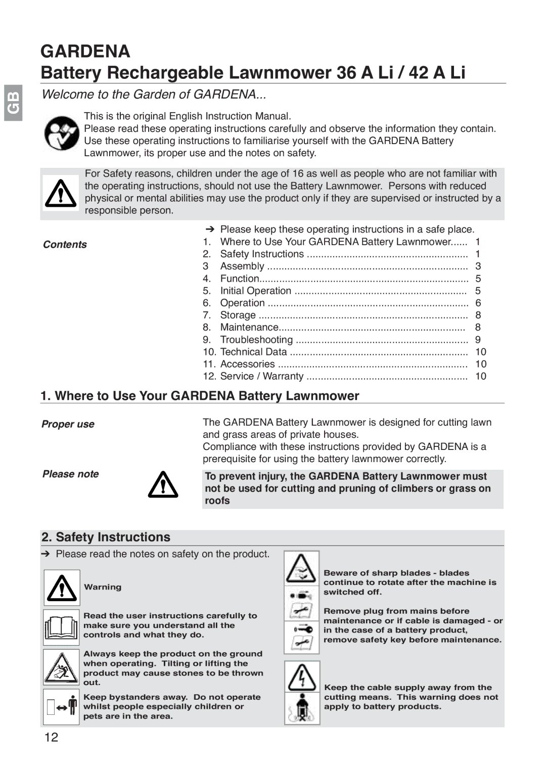 Gardena 42 A Li manual Where to Use Your Gardena Battery Lawnmower, Safety Instructions, Contents, Proper use Please note 