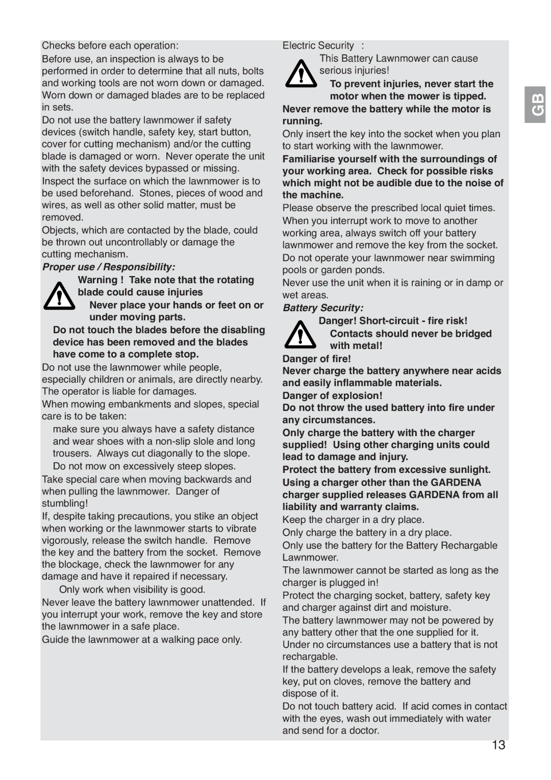 Gardena Art. 4035, 36 A Li, Art. 4041, 42 A Li manual Proper use / Responsibility, Battery Security 