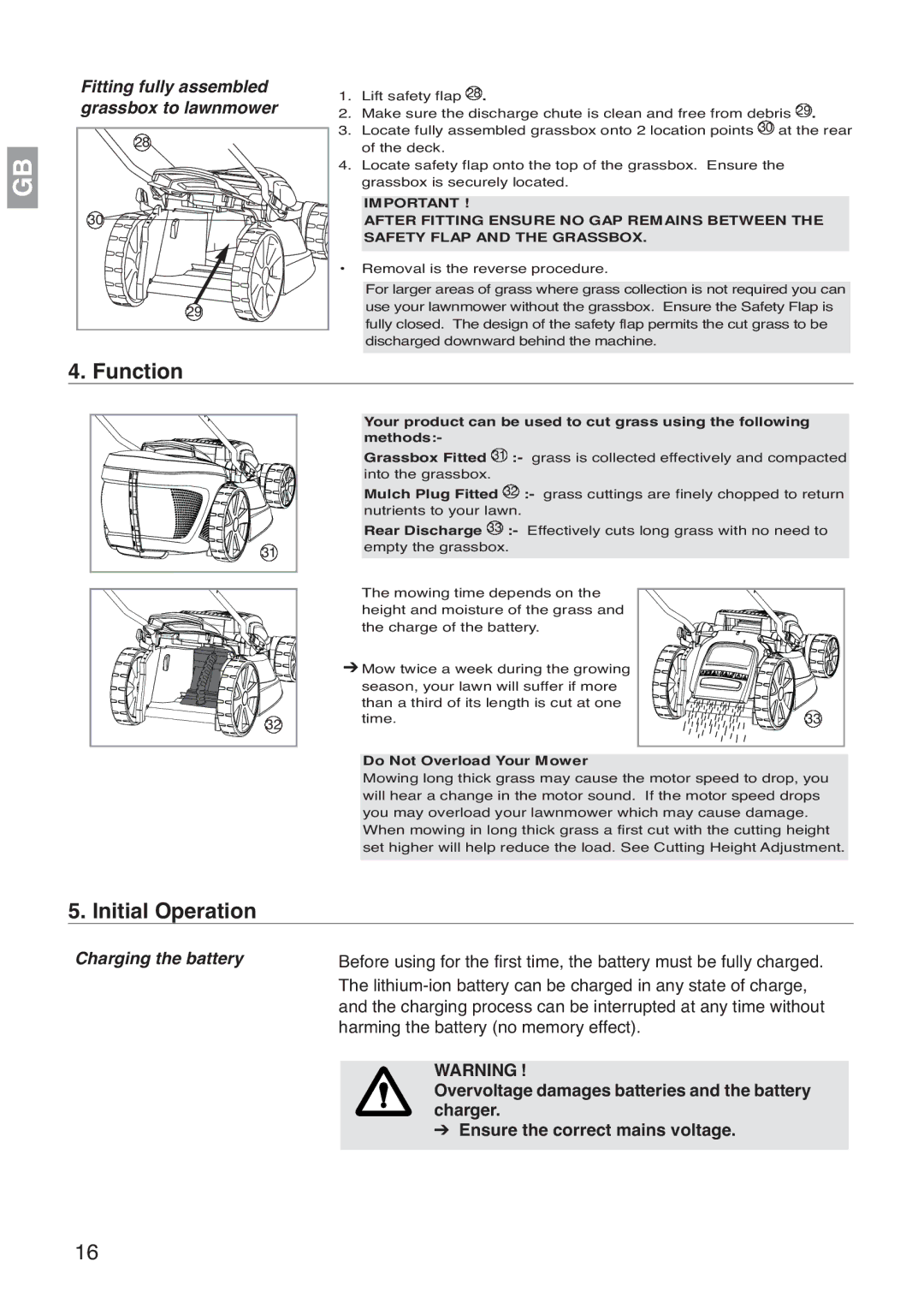 Gardena 42 A Li, 36 A Li Function, Initial Operation, Fitting fully assembled grassbox to lawnmower, Charging the battery 