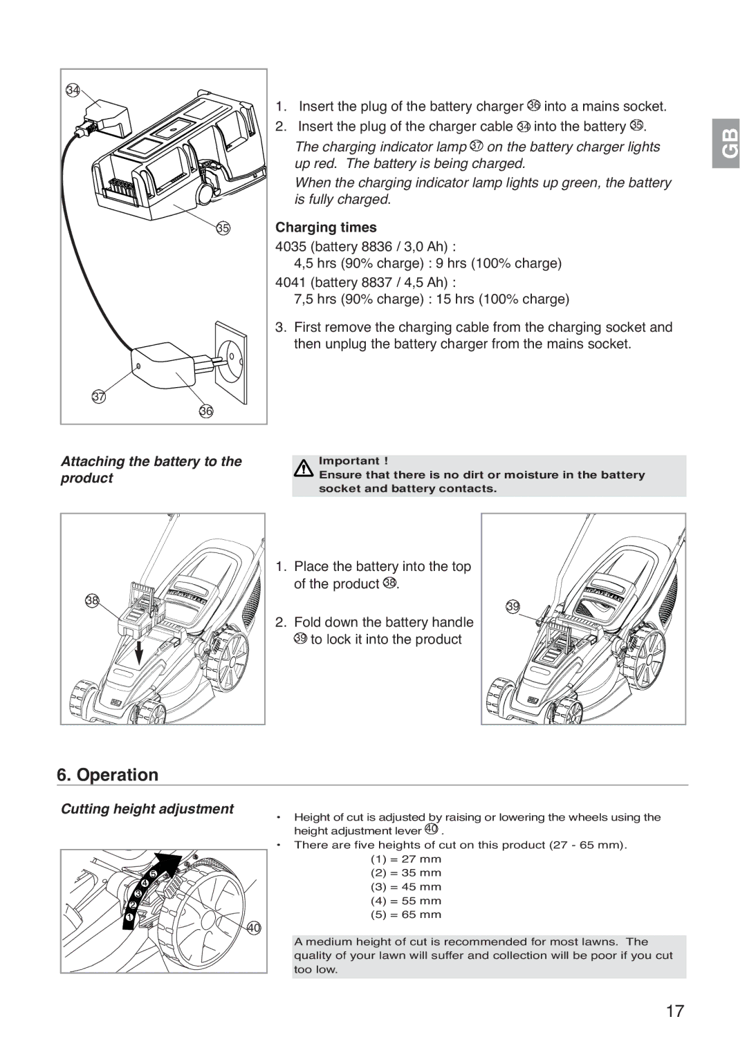 Gardena Art. 4035, 36 A Li, Art. 4041, 42 A Li manual Operation, Attaching the battery to Product, Cutting height adjustment 