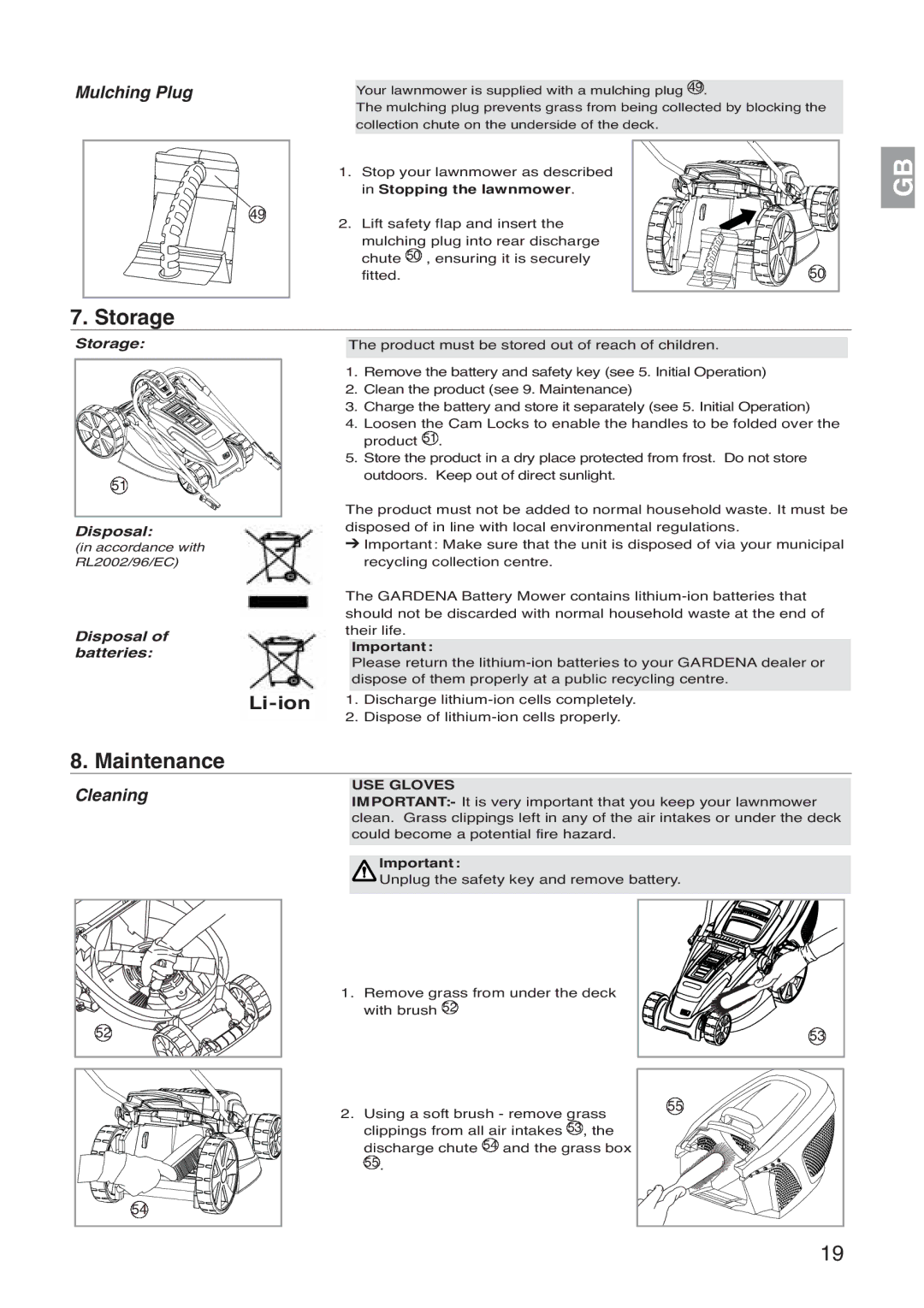 Gardena Art. 4041, 36 A Li, 42 A Li, Art. 4035 manual Storage, Maintenance, Mulching Plug, Cleaning 