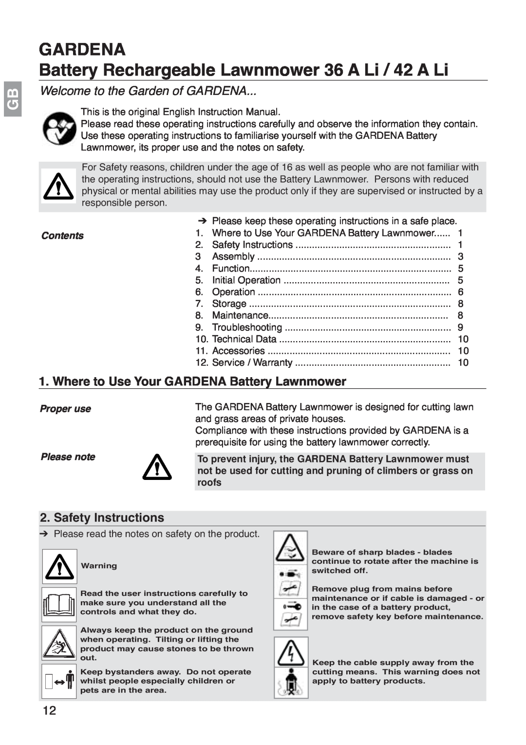Gardena 42 A Li, 36 A Li, Art. 4041 Where to Use Your GARDENA Battery Lawnmower, Safety Instructions, Gardena, Contents 