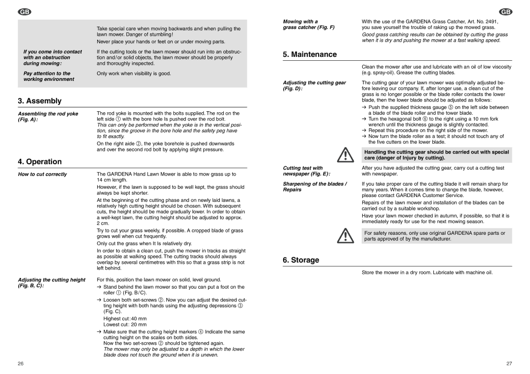 Gardena 370 SM operating instructions Maintenance, Assembly, Operation, Storage 