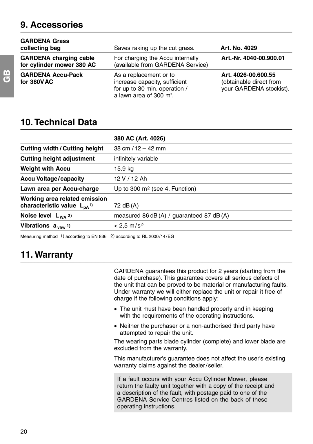 Gardena 380 AC operating instructions Accessories, Technical Data, Warranty 