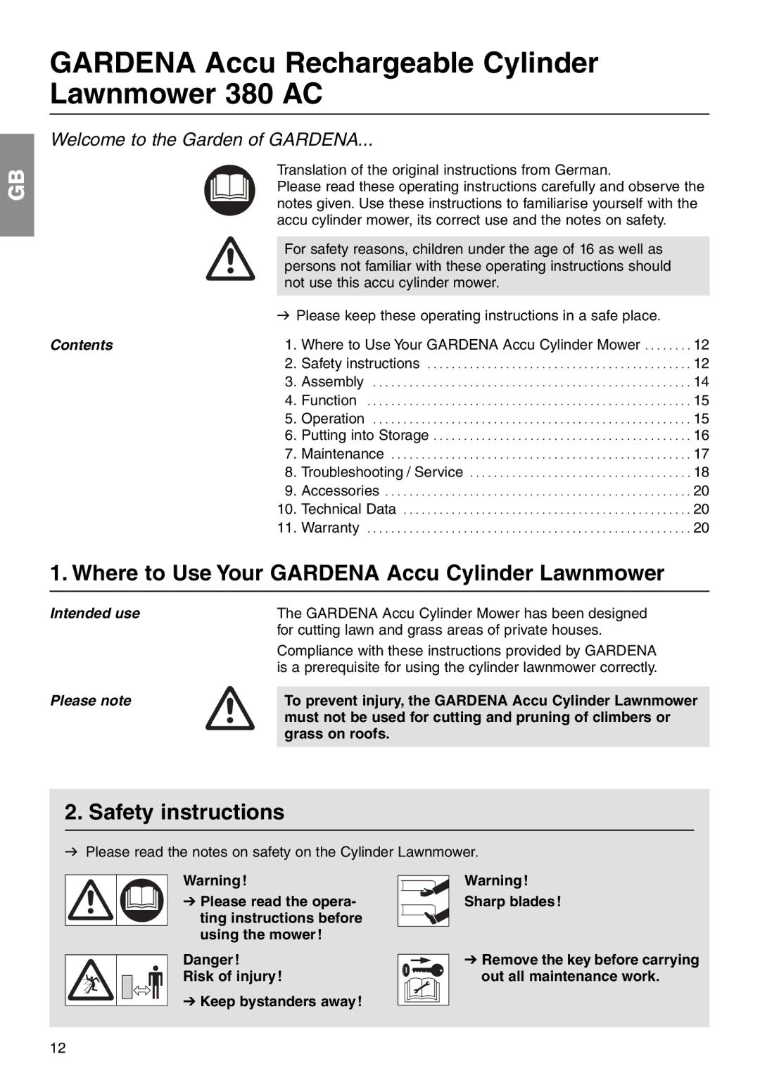 Gardena 380 AC Where to Use Your Gardena Accu Cylinder Lawnmower, Safety instructions, Contents, Grass on roofs 