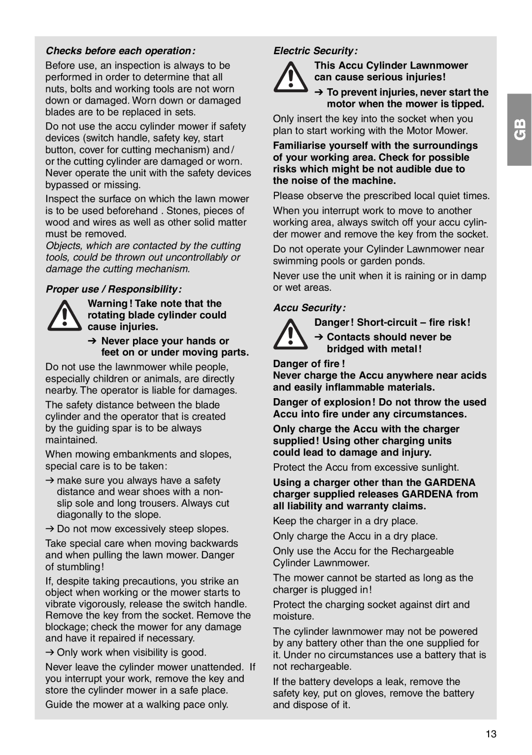 Gardena 380 AC Checks before each operation, Proper use / Responsibility, Electric Security, Accu Security 