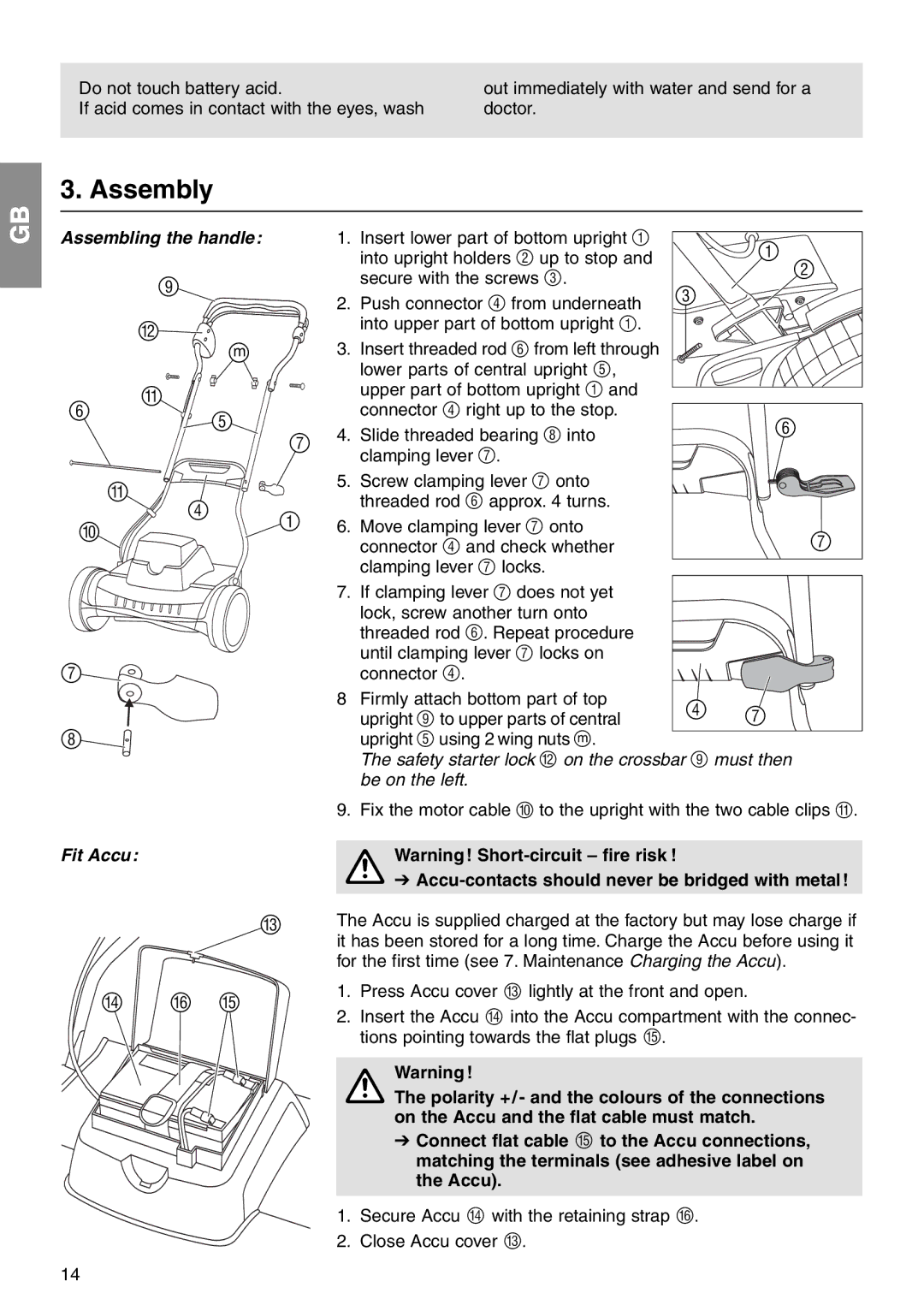 Gardena 380 AC Assembly, Assembling the handle, Fit Accu, Accu-contacts should never be bridged with metal 