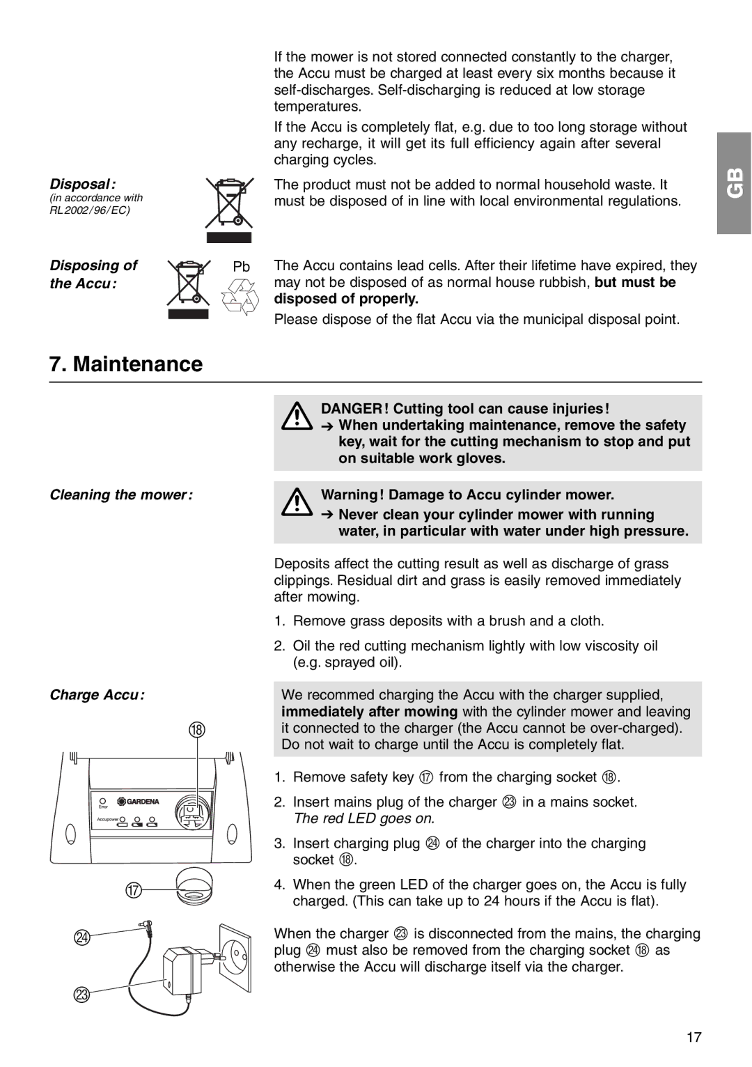 Gardena 380 AC operating instructions Maintenance, Disposal, Disposing, Cleaning the mower Charge Accu 