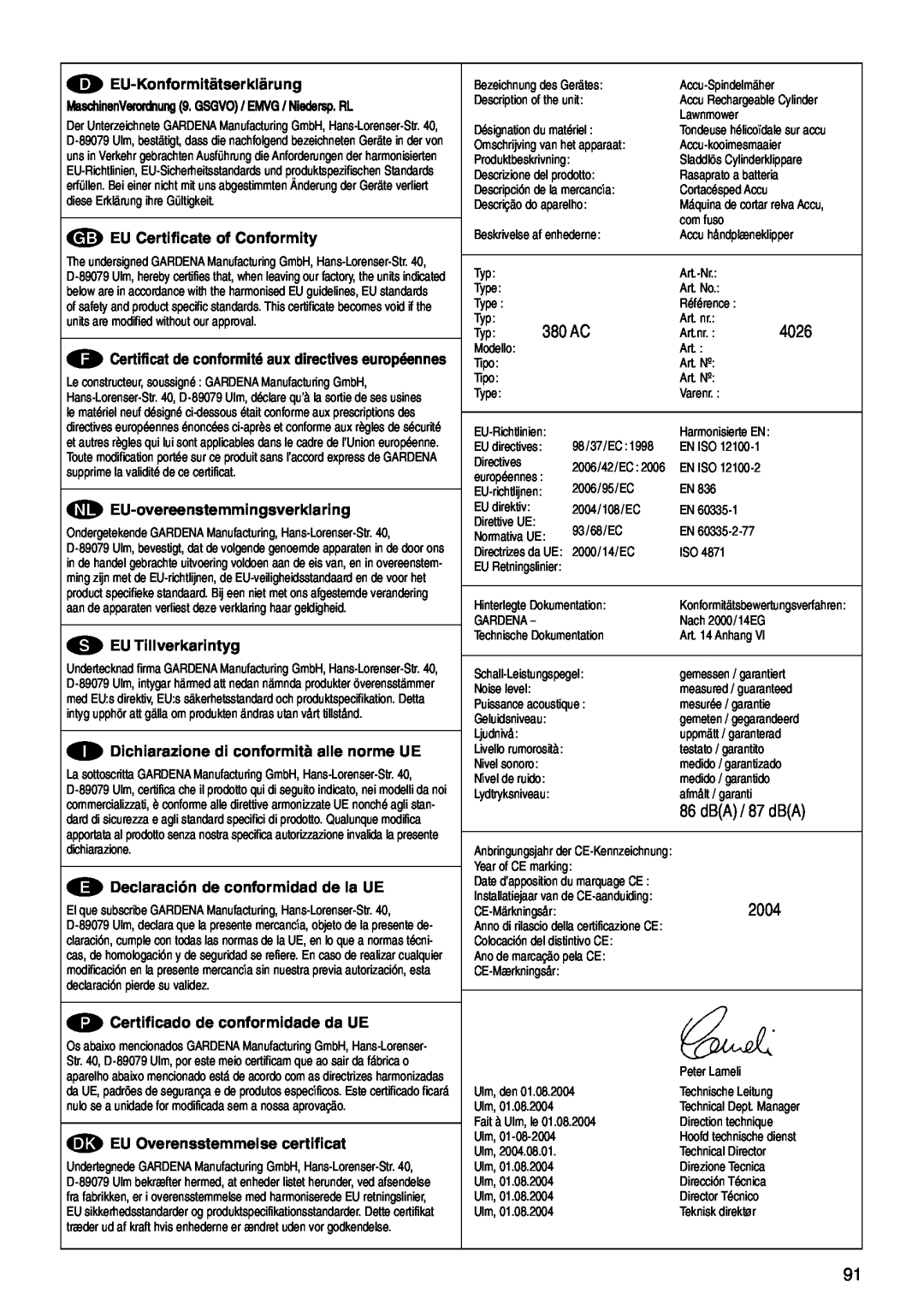 Gardena 380 AC dBA / 87 dBA, 2004, D EU-Konformitätserklärung, G EU Certificate of Conformity, S EU Tillverkarintyg 
