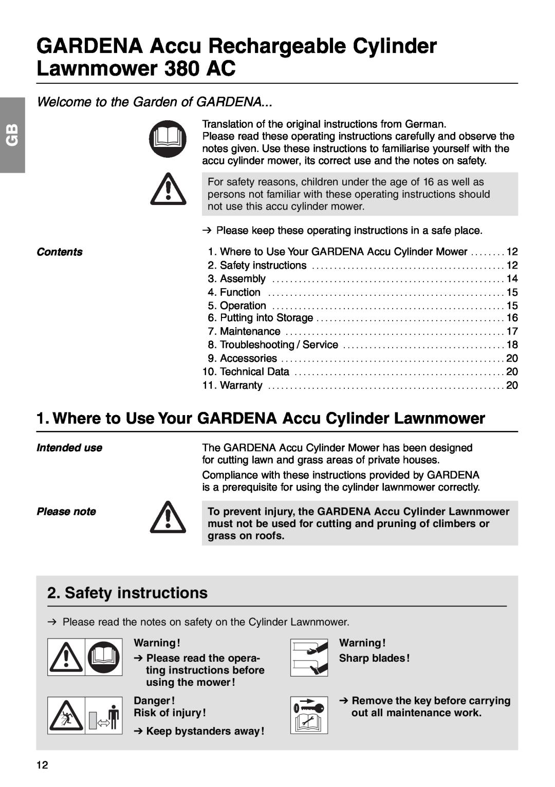 Gardena 380 AC Safety instructions, Welcome to the Garden of GARDENA, Contents, Intended use, Please note, grass on roofs 