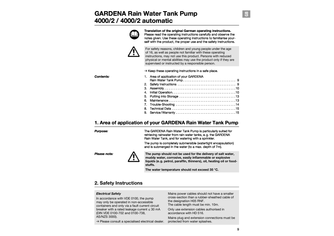 Gardena 40002 automatic Area of application of your GARDENA Rain Water Tank Pump, Safety Instructions, Contents, Purpose 
