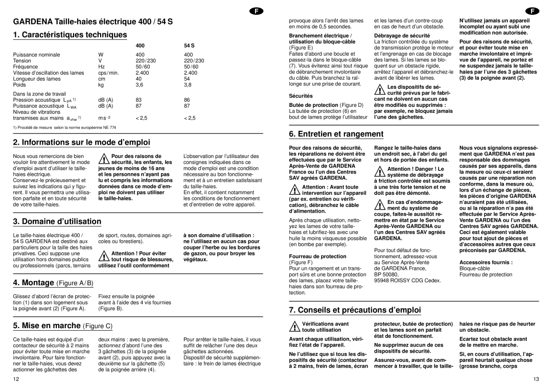 Gardena 400/54S 400 54 S, Dé brayage de sé curité, De la poigné e avant, Pour des raisons de, Jeunes de moins de 16 ans 