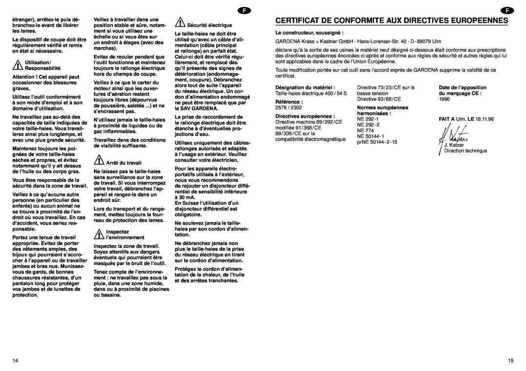 Gardena 400/54S operating instructions Certificat De Conformite Aux Directives Europeennes 