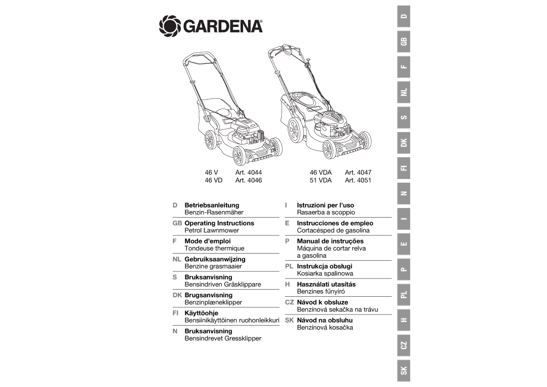 Gardena 4046, 4047, 4061, 4044 manual Pl P E I N Fi Dk S Nl F Gb D Sk Cz 