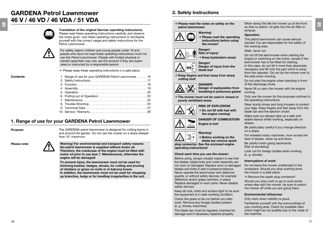 Gardena 4061, 4047, 4046, 4044 manual Safety Instructions, Range of use for your Gardena Petrol Lawnmower 