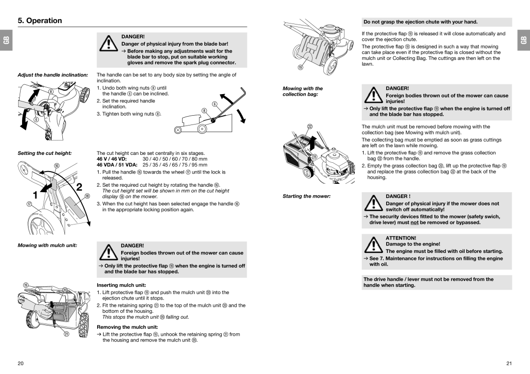 Gardena 4047, 4046, 4061, 4044 manual Operation, Adjust the handle inclination, Mowing with mulch unit 