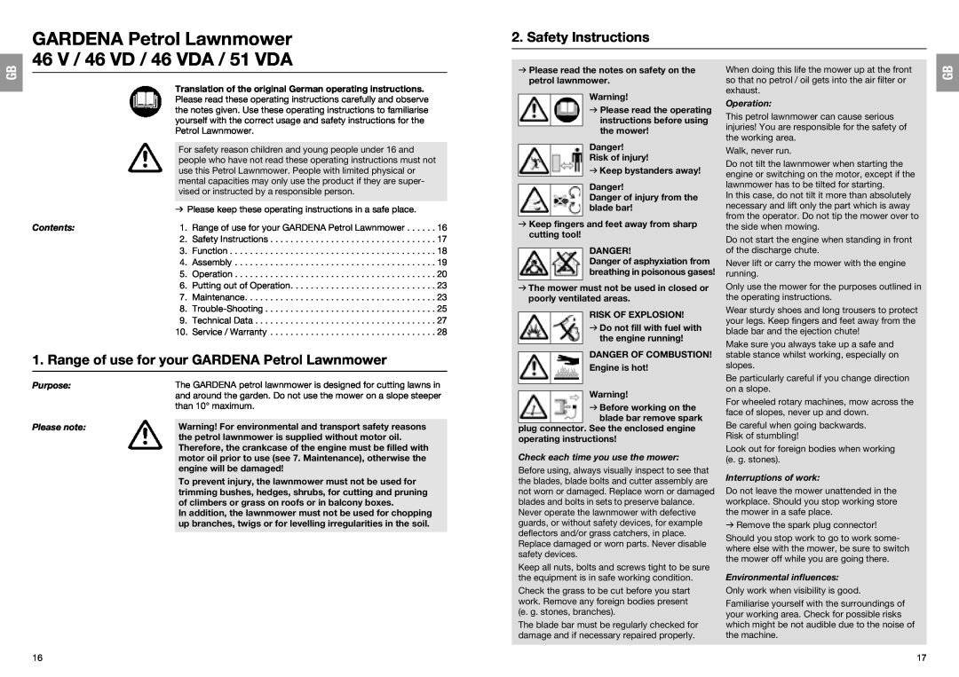 Gardena 4061 Safety Instructions, Range of use for your GARDENA Petrol Lawnmower, Contents, Operation, Purpose Please note 
