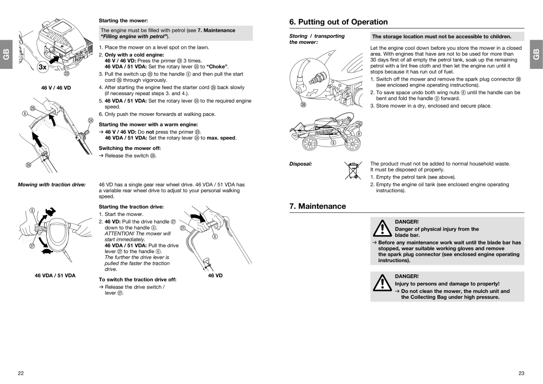 Gardena 4051 operating instructions Putting out of Operation, Maintenance, Storing / transporting the mower, Disposal 