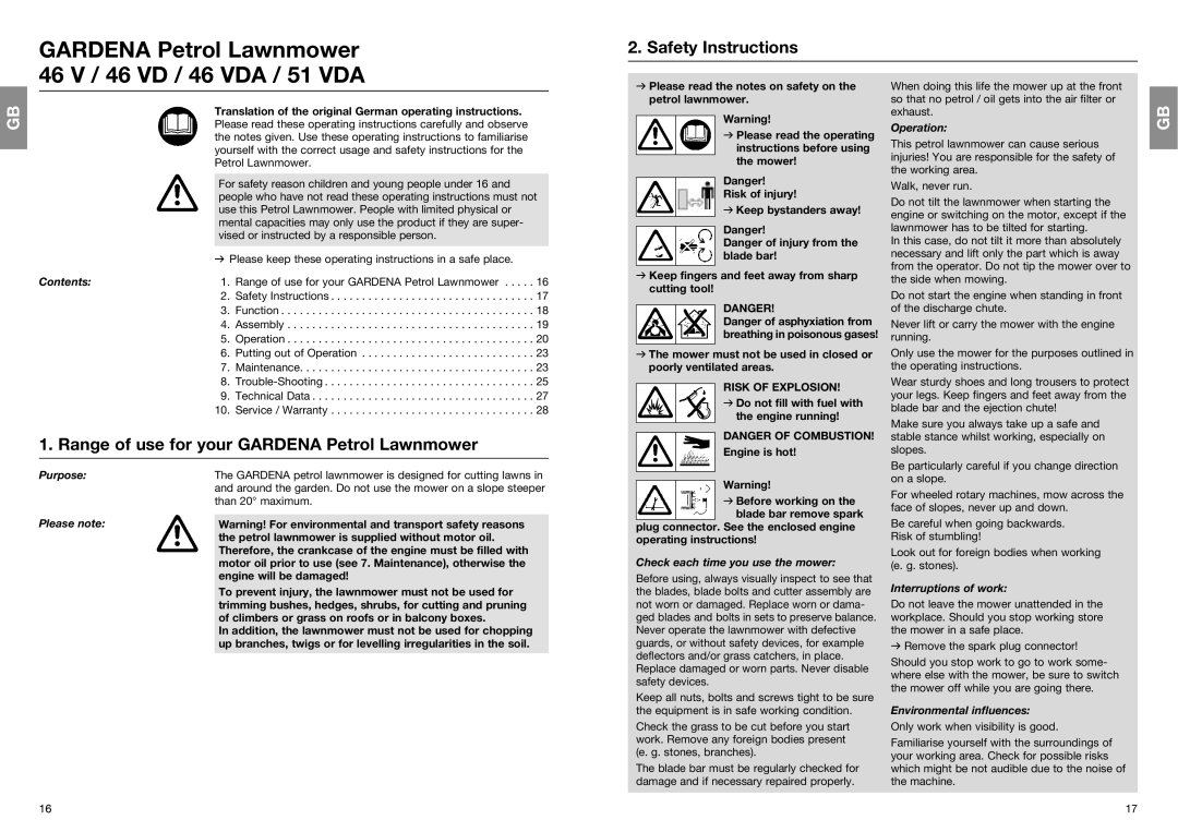 Gardena 4051 Safety Instructions, Range of use for your GARDENA Petrol Lawnmower, Contents, Operation, Purpose Please note 