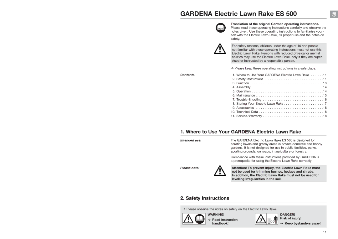 Gardena 4066 manual Where to Use Your Gardena Electric Lawn Rake, Safety Instructions, Contents, Irregularities in the soil 