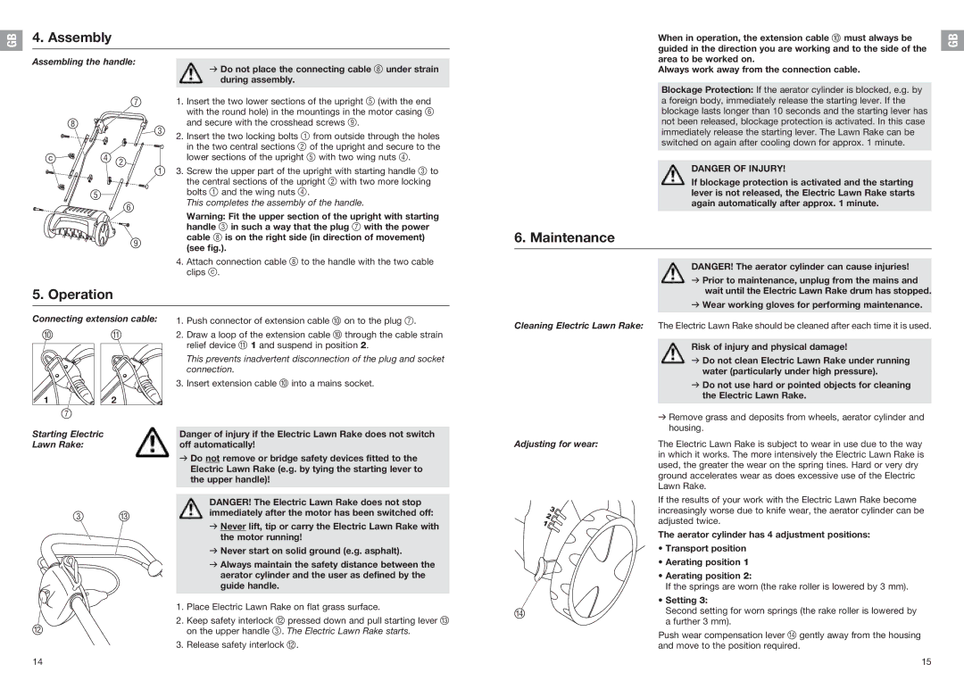 Gardena 4066 manual Maintenance, Connecting extension cable, Cleaning Electric Lawn Rake Adjusting for wear 