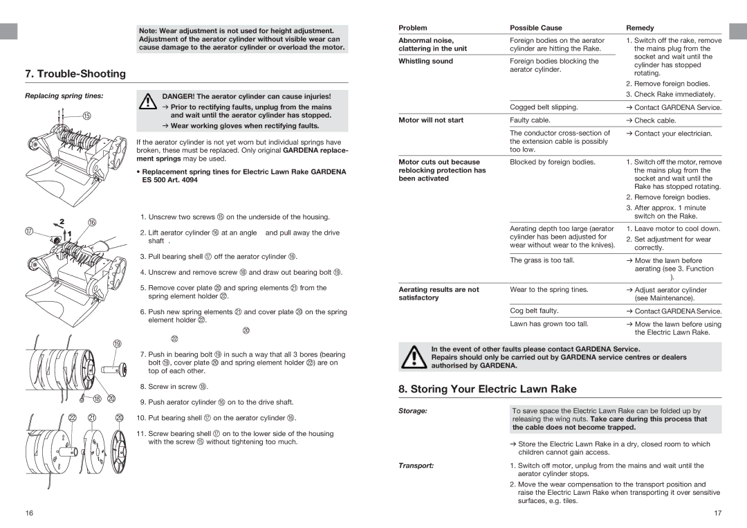 Gardena 4066 manual Trouble-Shooting, Storing Your Electric Lawn Rake, Replacing spring tines, Storage, Transport 
