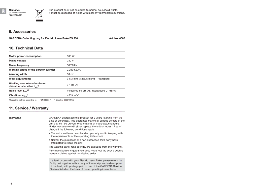 Gardena 4066 manual Accessories, Technical Data, Service / Warranty, Disposal 