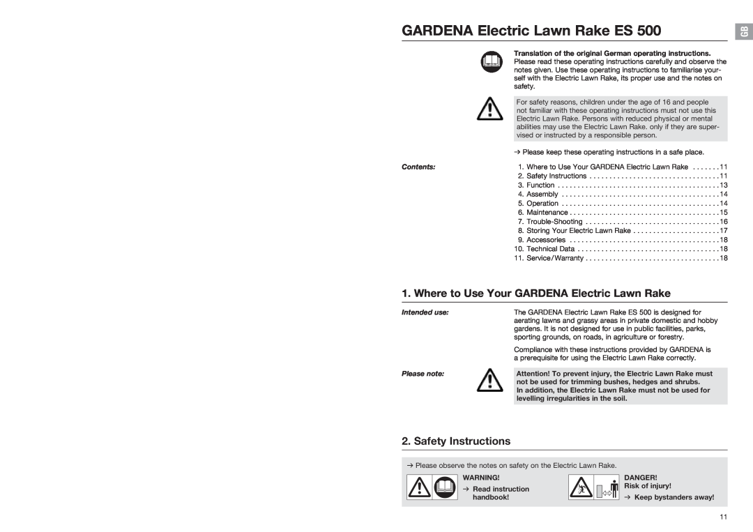 Gardena 4066 manual Where to Use Your GARDENA Electric Lawn Rake, Safety Instructions, GARDENA Electric Lawn Rake ES 