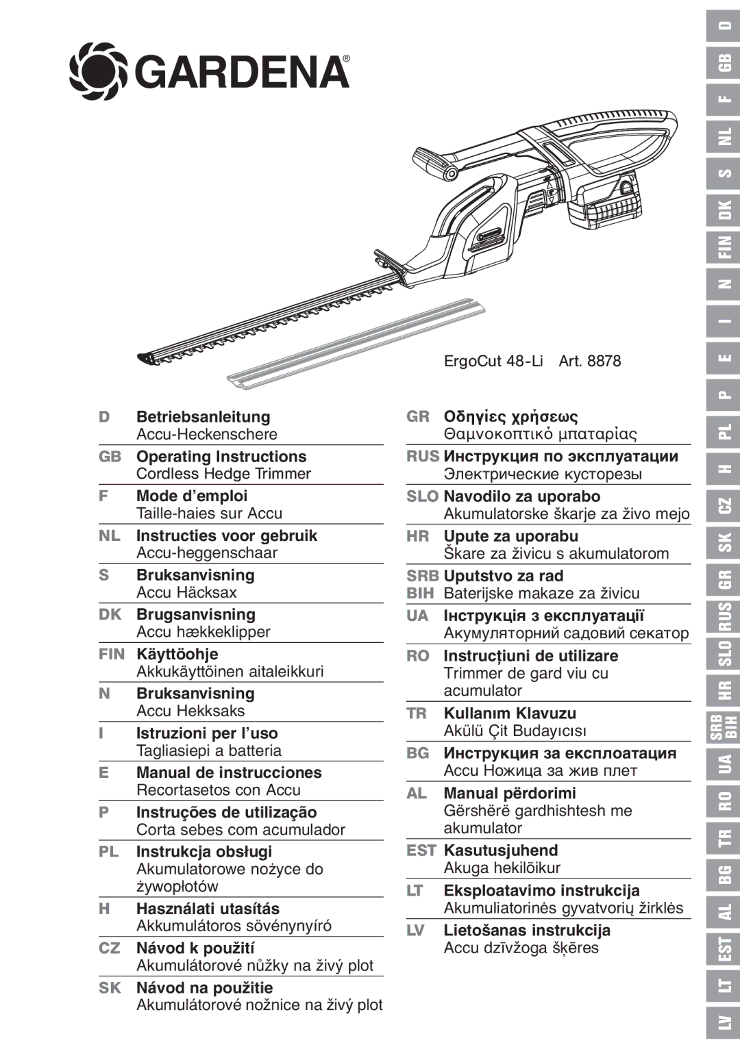 Gardena 48-Li Art. 8878 manual Gardena, Instruções de utilização Corta sebes com acumulador 