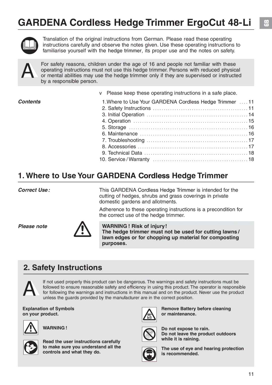 Gardena 48-Li Art. 8878 manual Where to Use Your Gardena Cordless Hedge Trimmer, Safety Instructions, Contents 