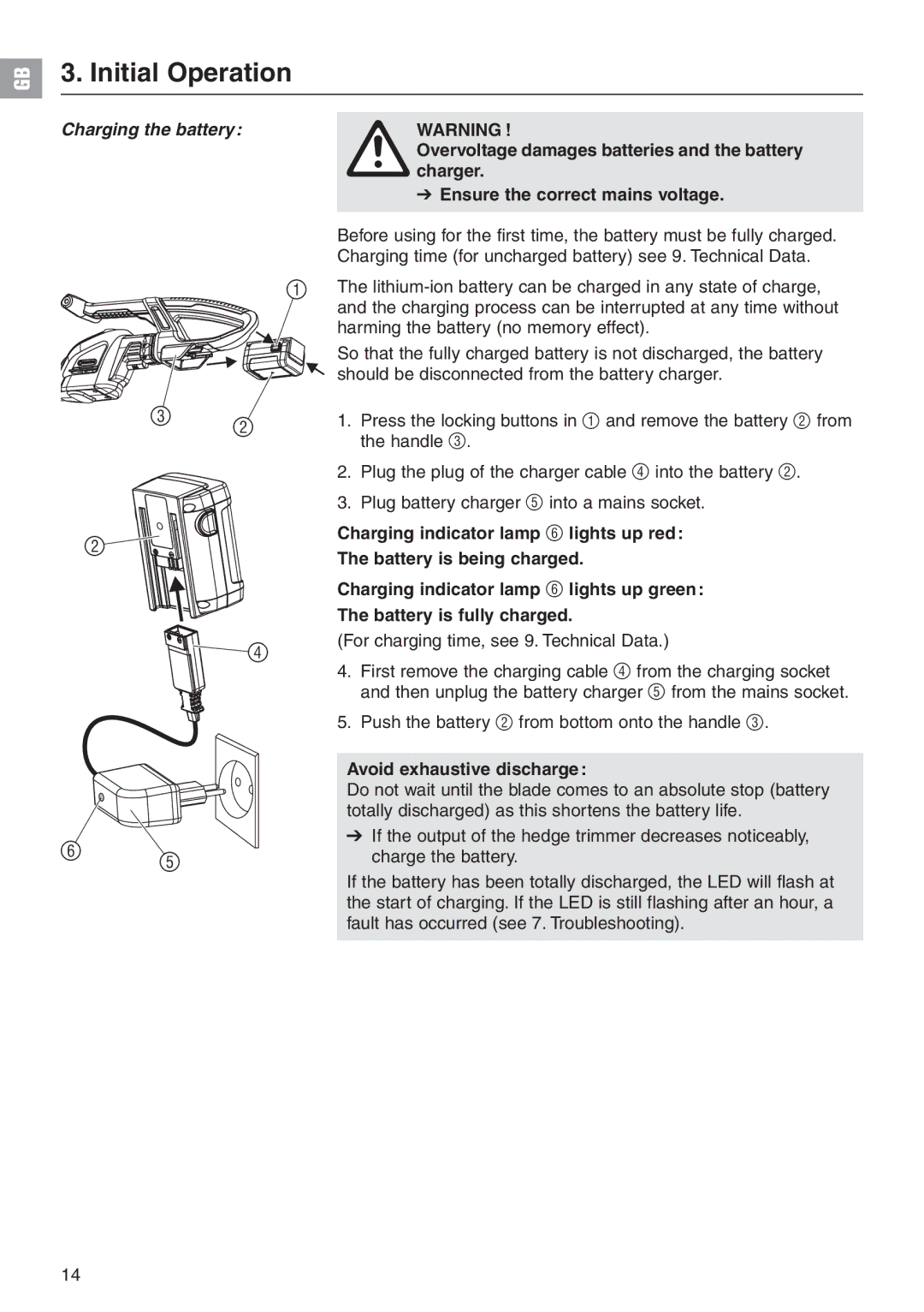 Gardena 48-Li Art. 8878 manual Initial Operation, Charging the battery, Avoid exhaustive discharge 