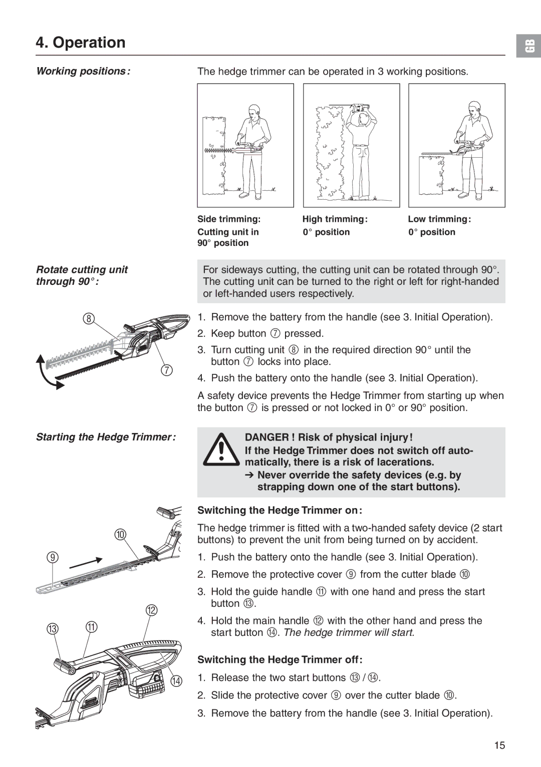 Gardena 48-Li Art. 8878 Operation, Rotate cutting unit through Starting the Hedge Trimmer, Switching the Hedge Trimmer on 